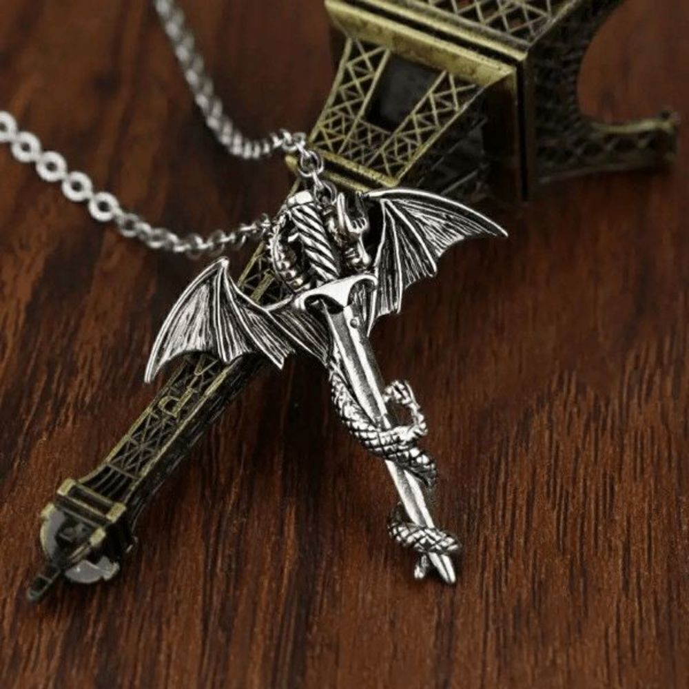 Flying Dragon Sword Stainless Steel Pendant Necklace